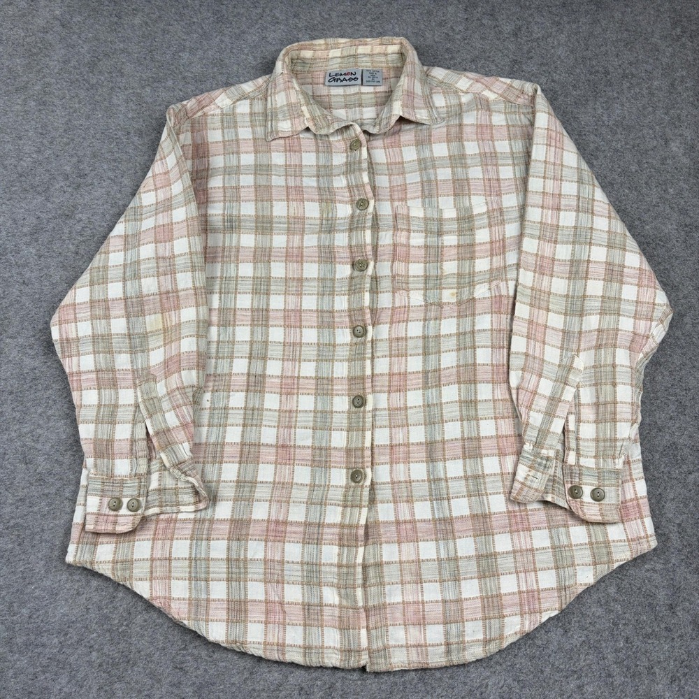 Lemon Grass Button Down Women 2X Pink Tan Plaid Textured Long Sleeve Shirt Adult